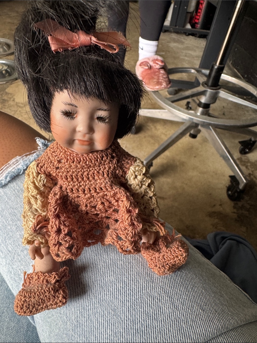 Handmade Peach Crochet Doll Outfit with Matching Bow - Kids Accessories